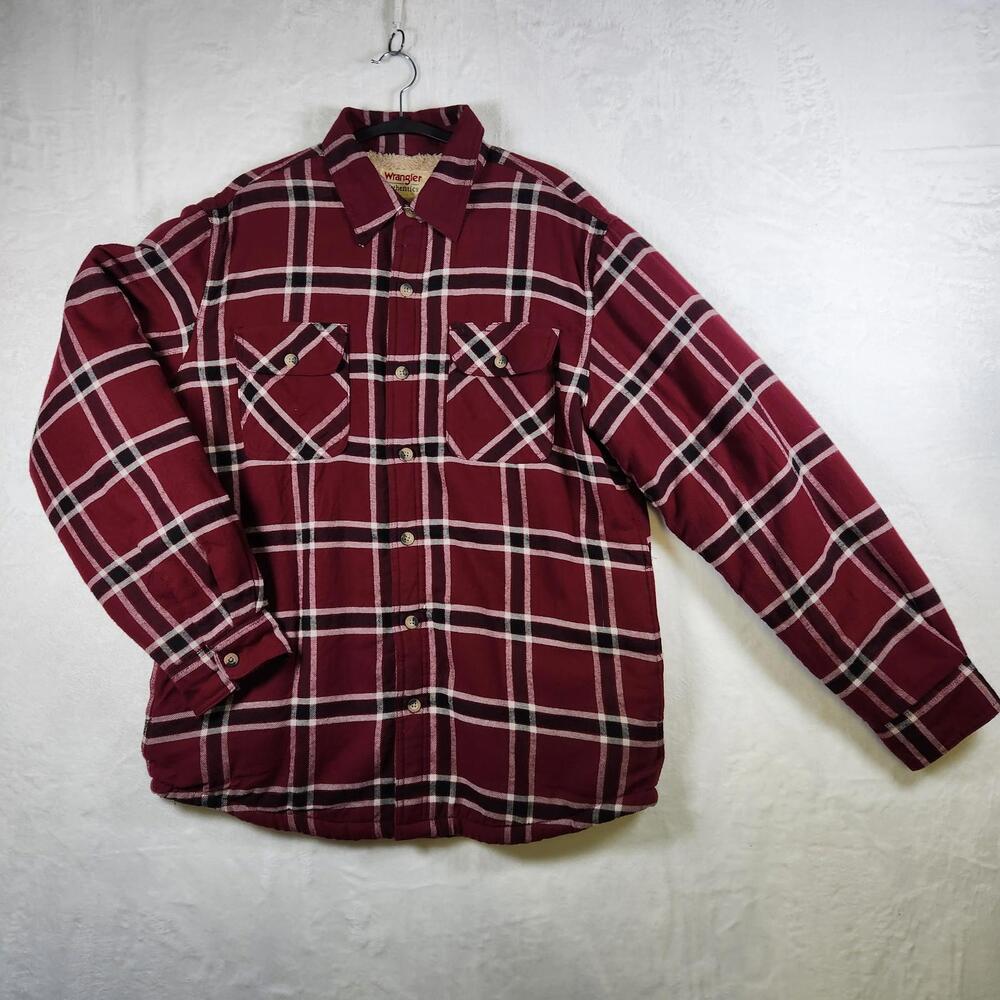 Wrangler Sherpa Lined Flannel Shacket Chore Coat‎ Red Plaid Size Medium